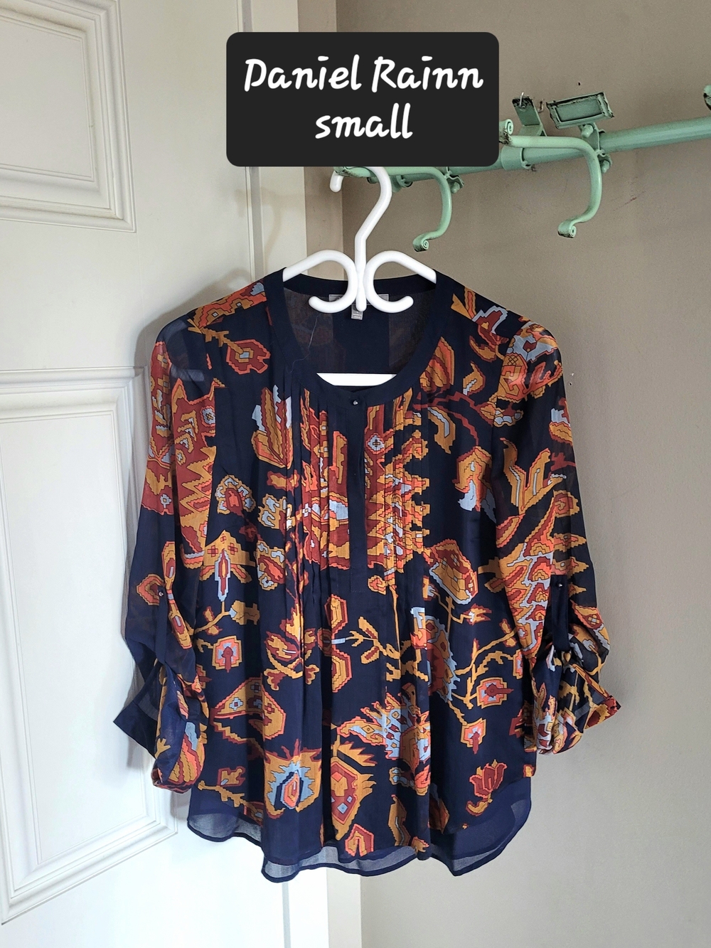 Daniel Rainn Navy Floral-Print Pleated Blouse